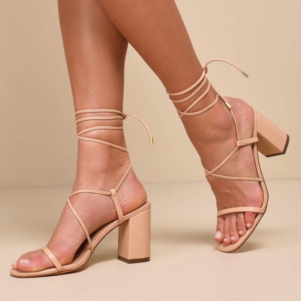 Lulus Aribaa Light Nude Lace-up High Heel Sandals Beige - Size 9